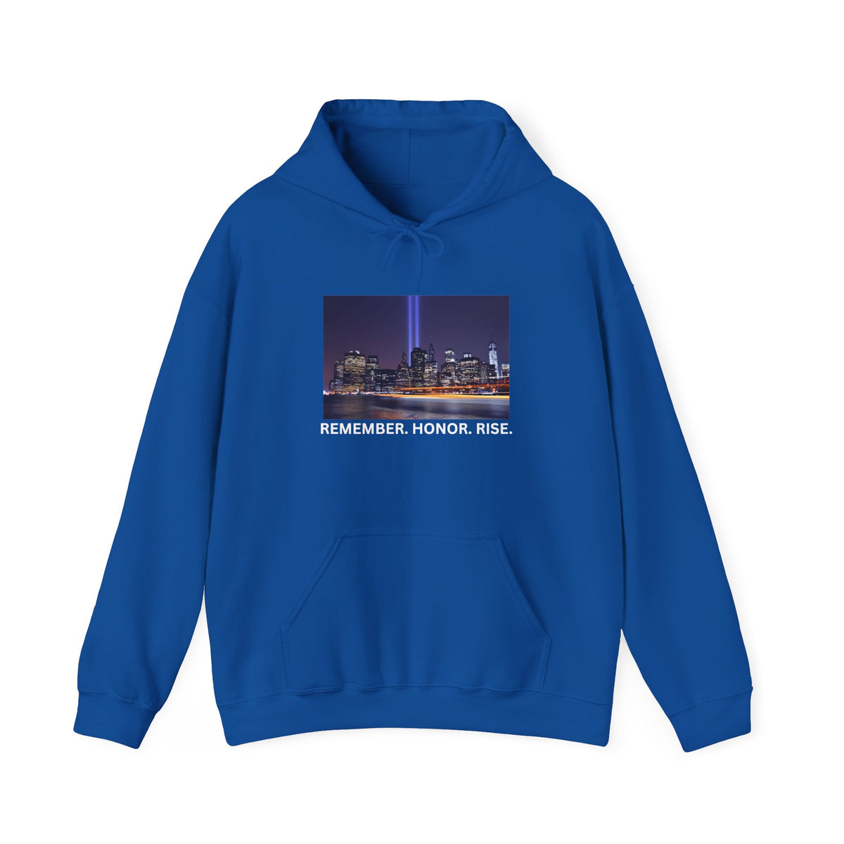 9/11 Tribute Hoodie - "Remember. Honor. Rise." NYC Skyline Memorial Sweatshirt