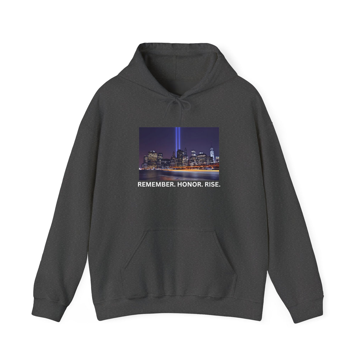 9/11 Tribute Hoodie - "Remember. Honor. Rise." NYC Skyline Memorial Sweatshirt