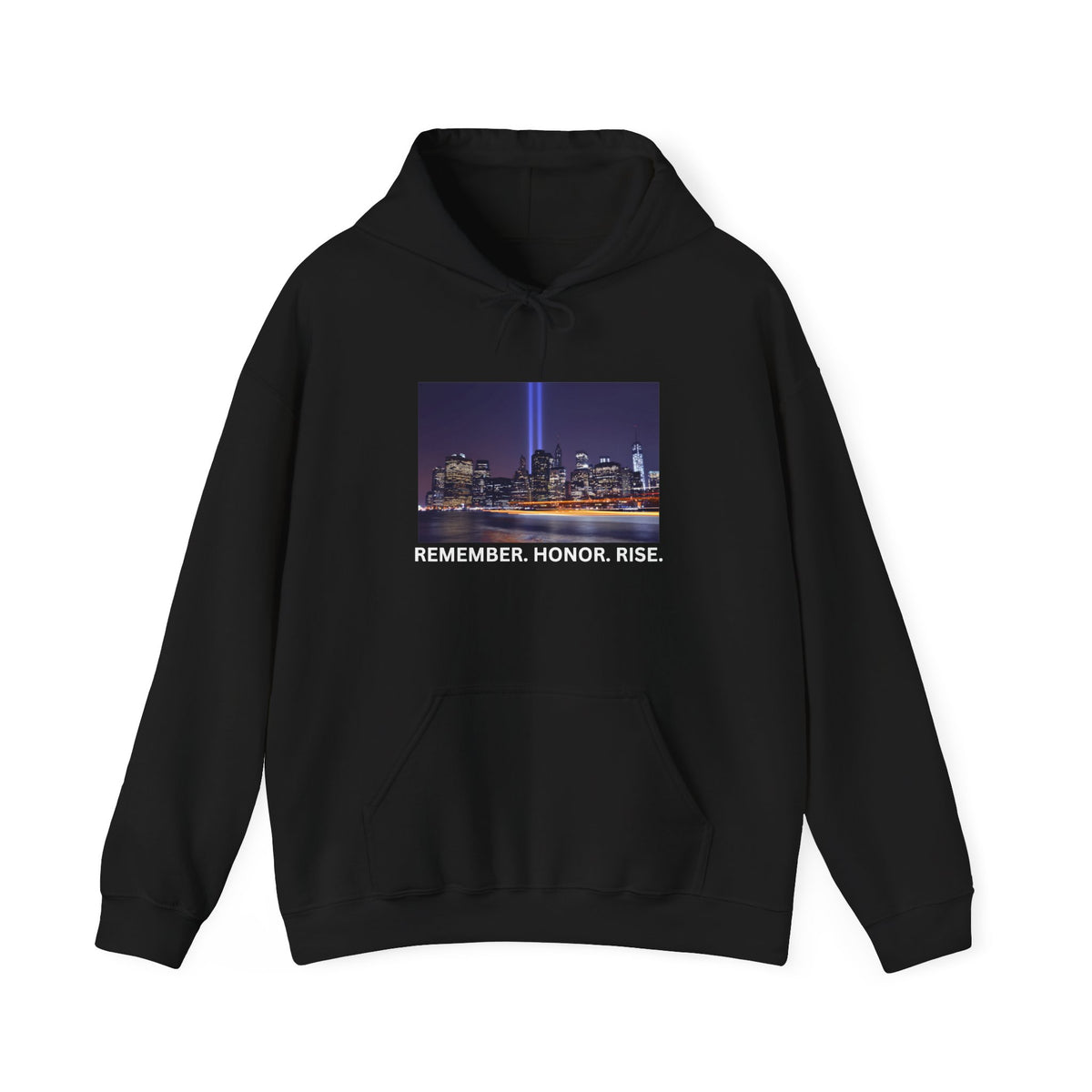 9/11 Tribute Hoodie - "Remember. Honor. Rise." NYC Skyline Memorial Sweatshirt