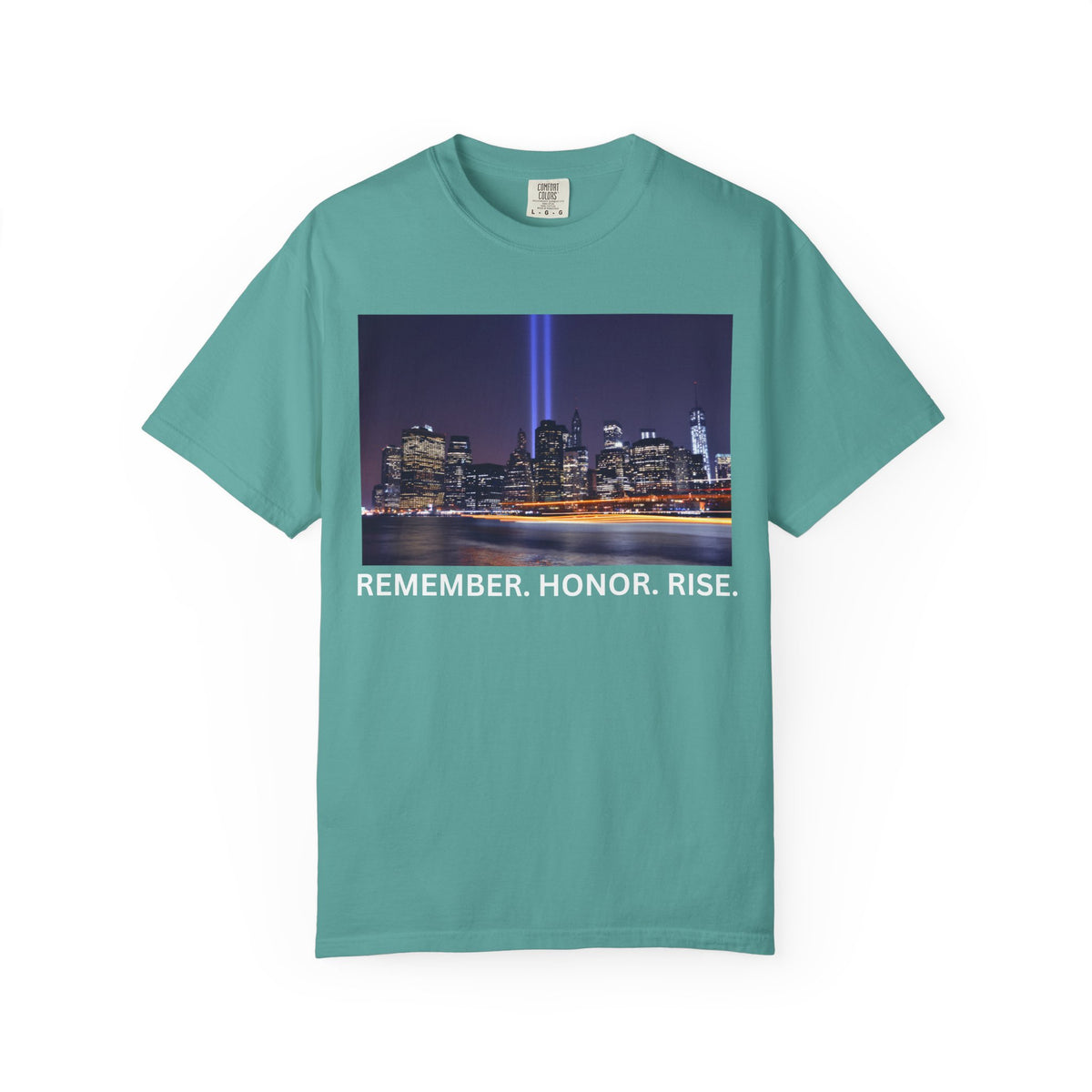 9/11 Tribute T-Shirt — "Remember. Honor. Rise." Skyline Tribute Tee