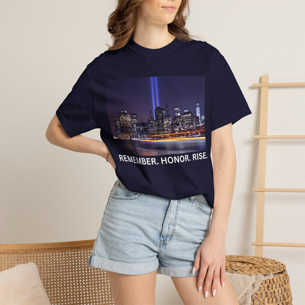 9/11 Tribute T-Shirt — "Remember. Honor. Rise." Skyline Tribute Tee