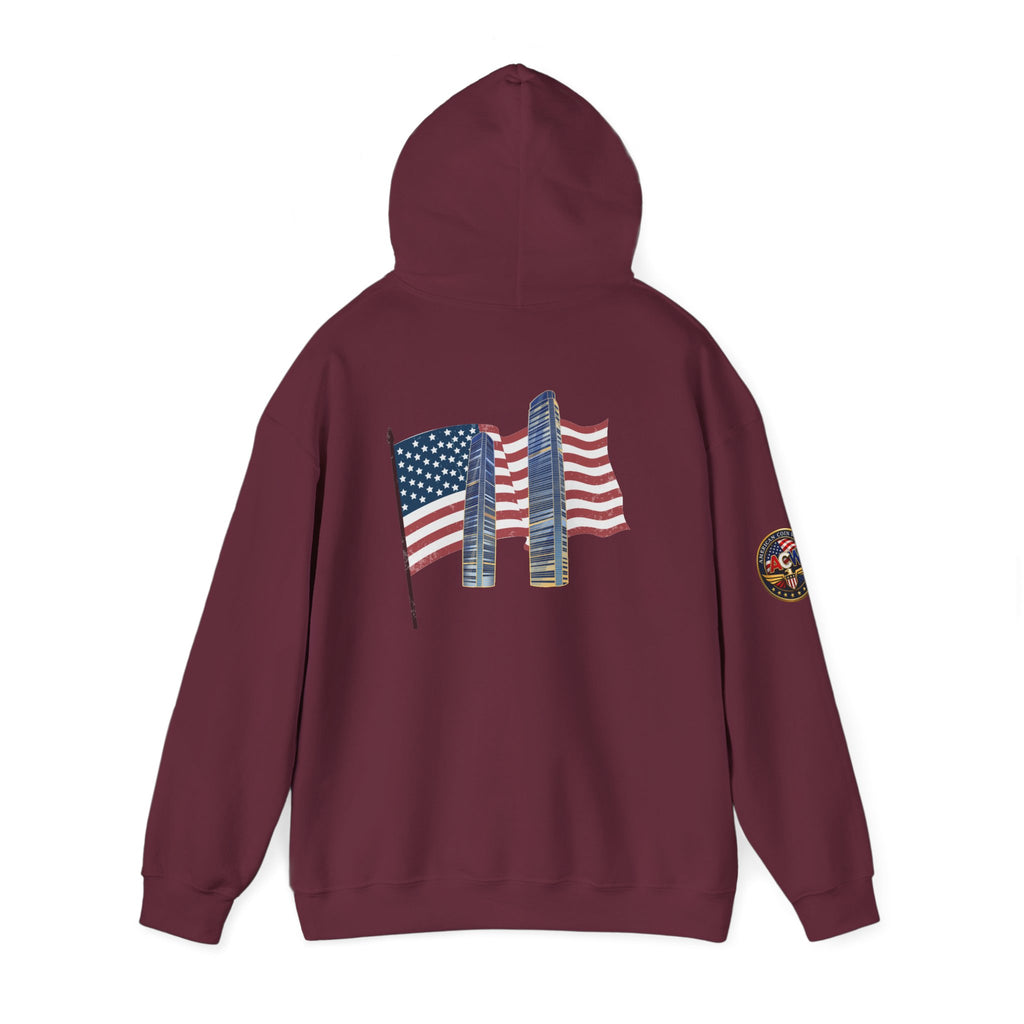 Remembrance Day 9/11 Hoodie — American Flag & Twin Towers Tribute