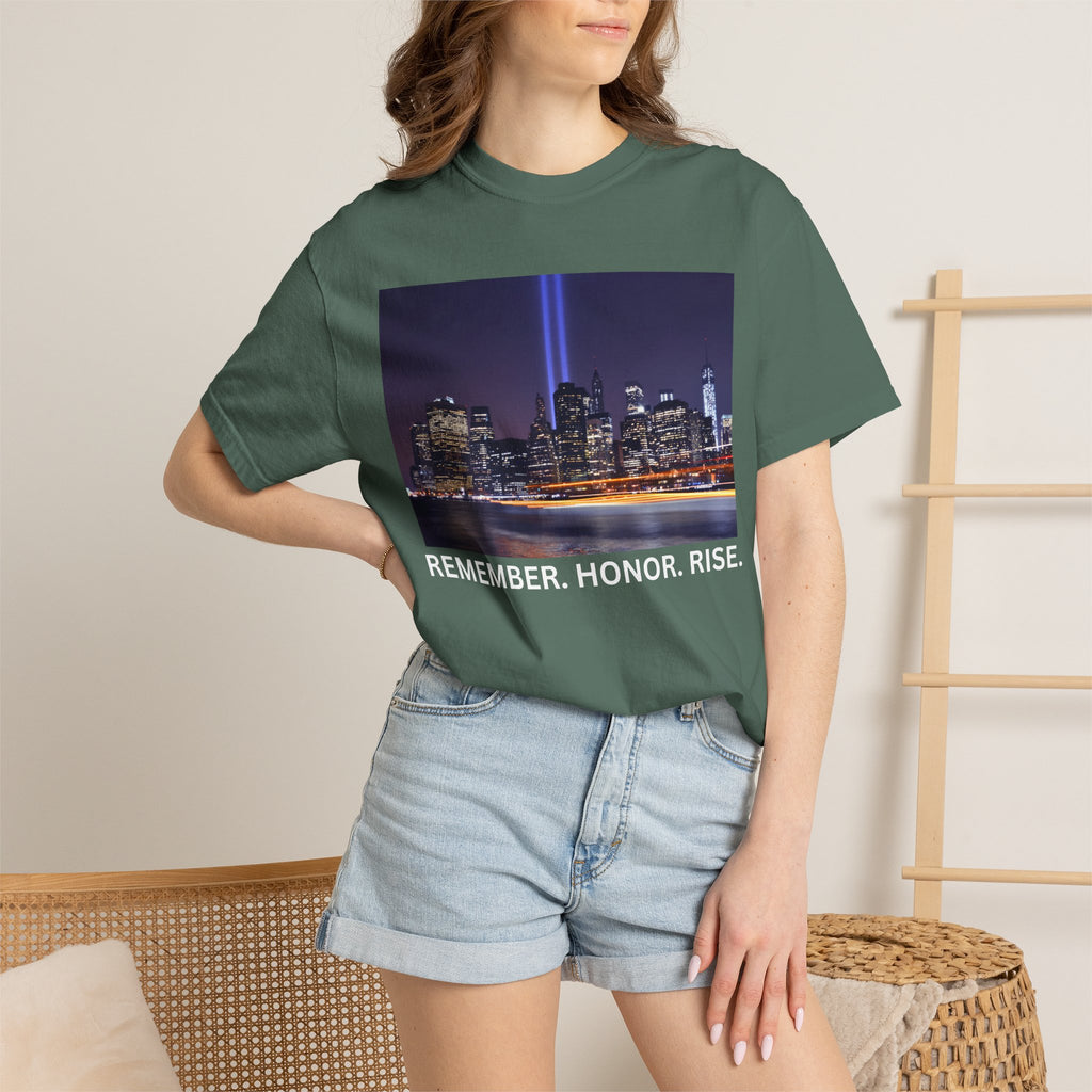9/11 Tribute T-Shirt — "Remember. Honor. Rise." Skyline Tribute Tee