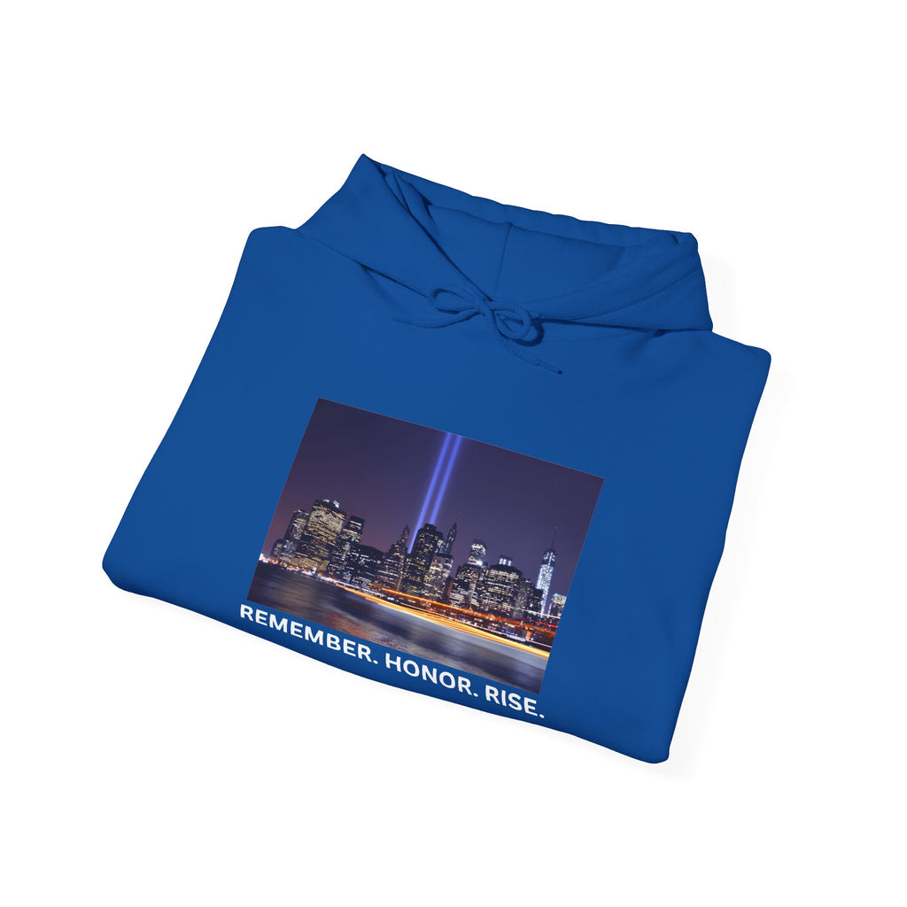 9/11 Tribute Hoodie - "Remember. Honor. Rise." NYC Skyline Memorial Sweatshirt