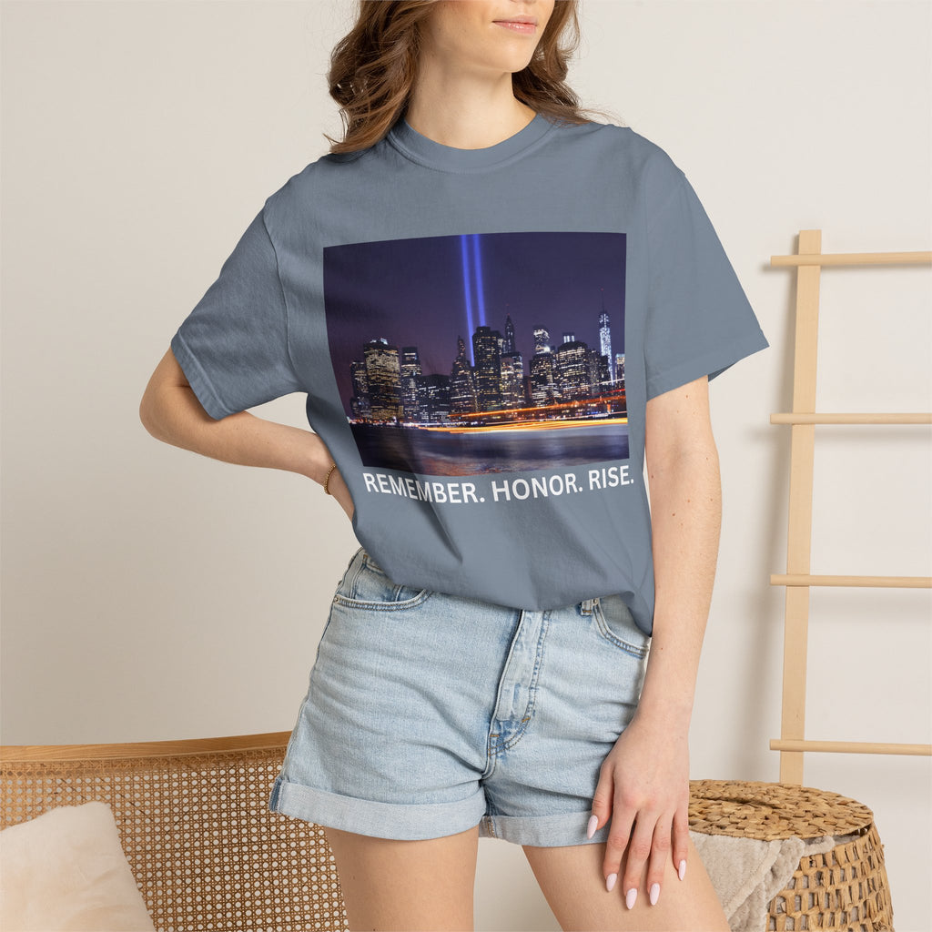 9/11 Tribute T-Shirt — "Remember. Honor. Rise." Skyline Tribute Tee