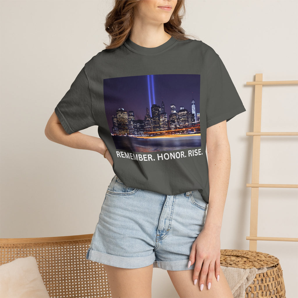 9/11 Tribute T-Shirt — "Remember. Honor. Rise." Skyline Tribute Tee
