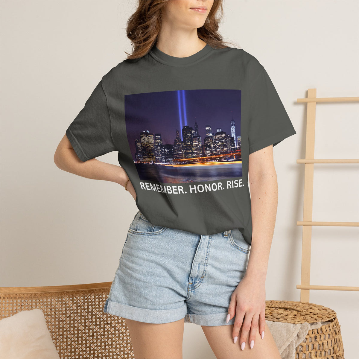 9/11 Tribute T-Shirt — "Remember. Honor. Rise." Skyline Tribute Tee