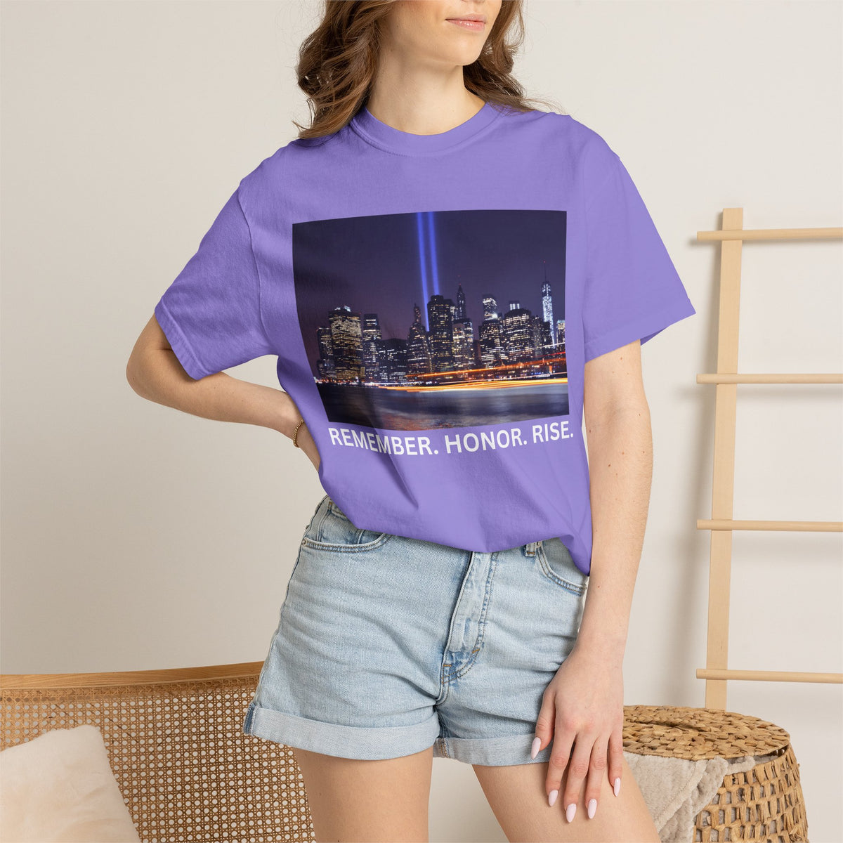 9/11 Tribute T-Shirt — "Remember. Honor. Rise." Skyline Tribute Tee