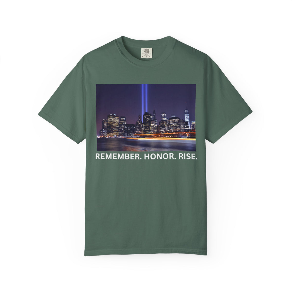 9/11 Tribute T-Shirt — "Remember. Honor. Rise." Skyline Tribute Tee