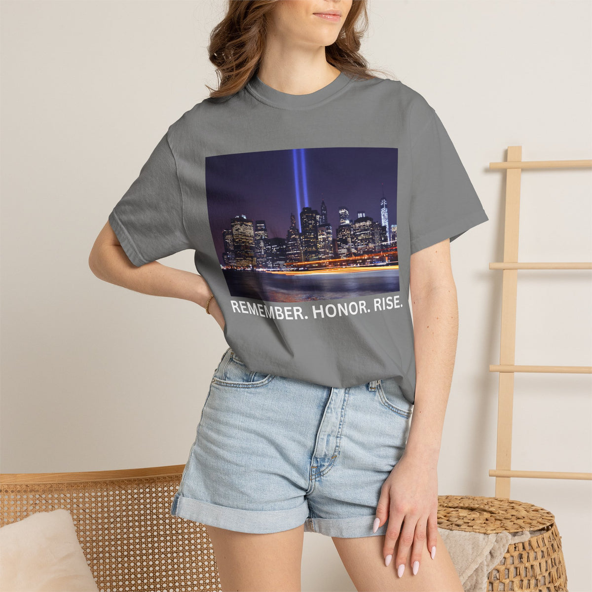 9/11 Tribute T-Shirt — "Remember. Honor. Rise." Skyline Tribute Tee
