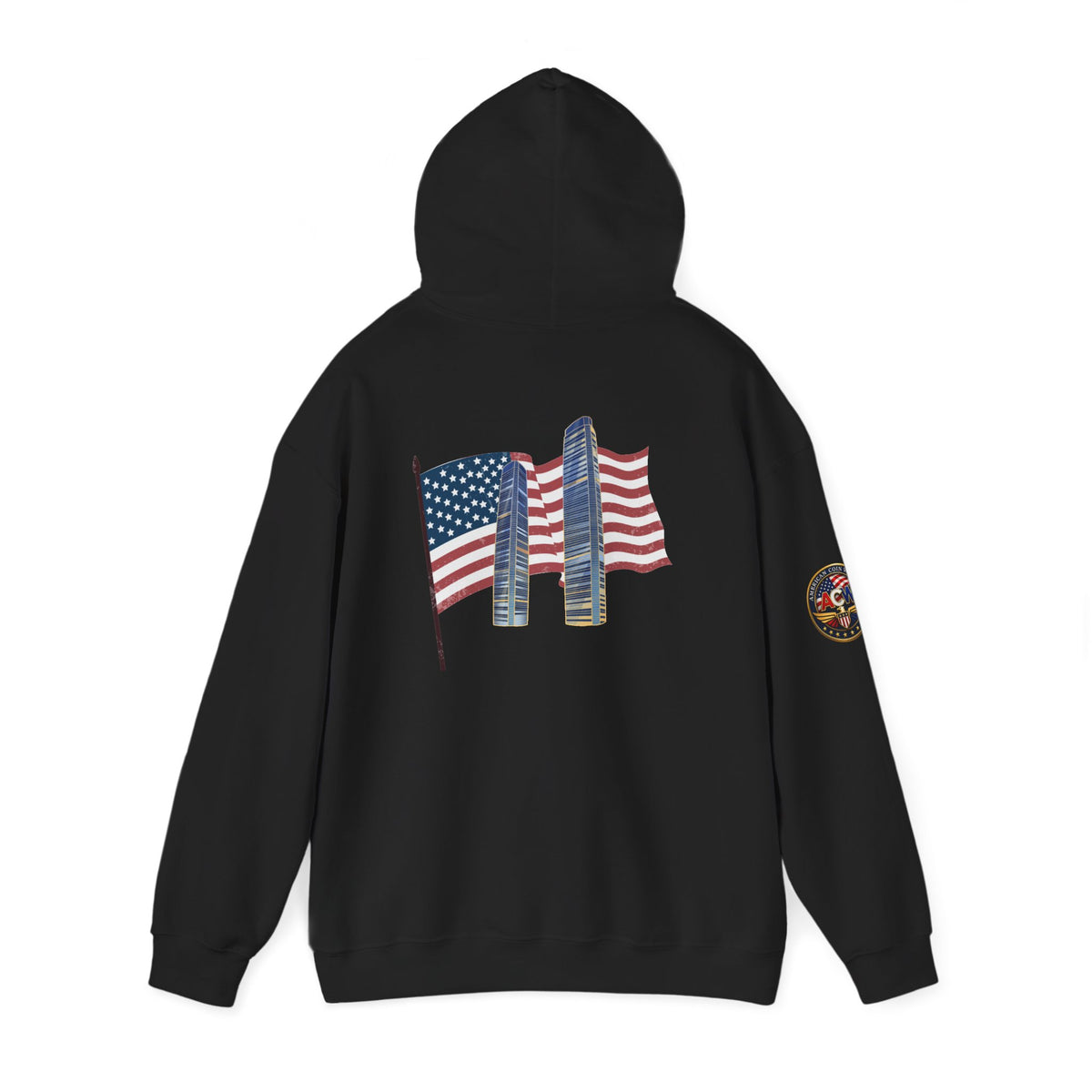 Remembrance Day 9/11 Hoodie — American Flag & Twin Towers Tribute