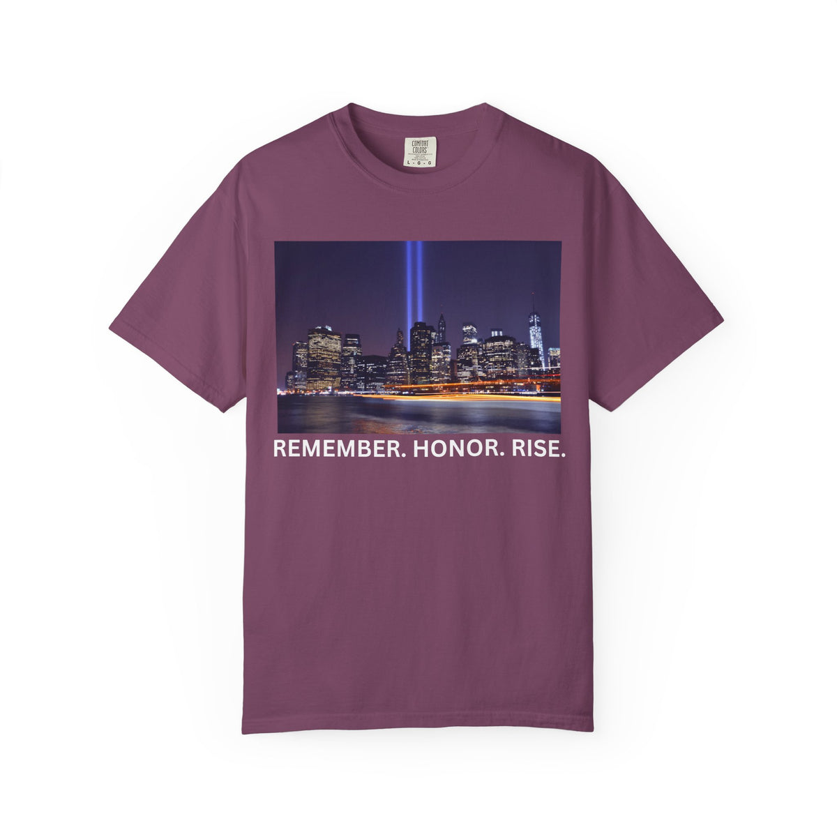 9/11 Tribute T-Shirt — "Remember. Honor. Rise." Skyline Tribute Tee