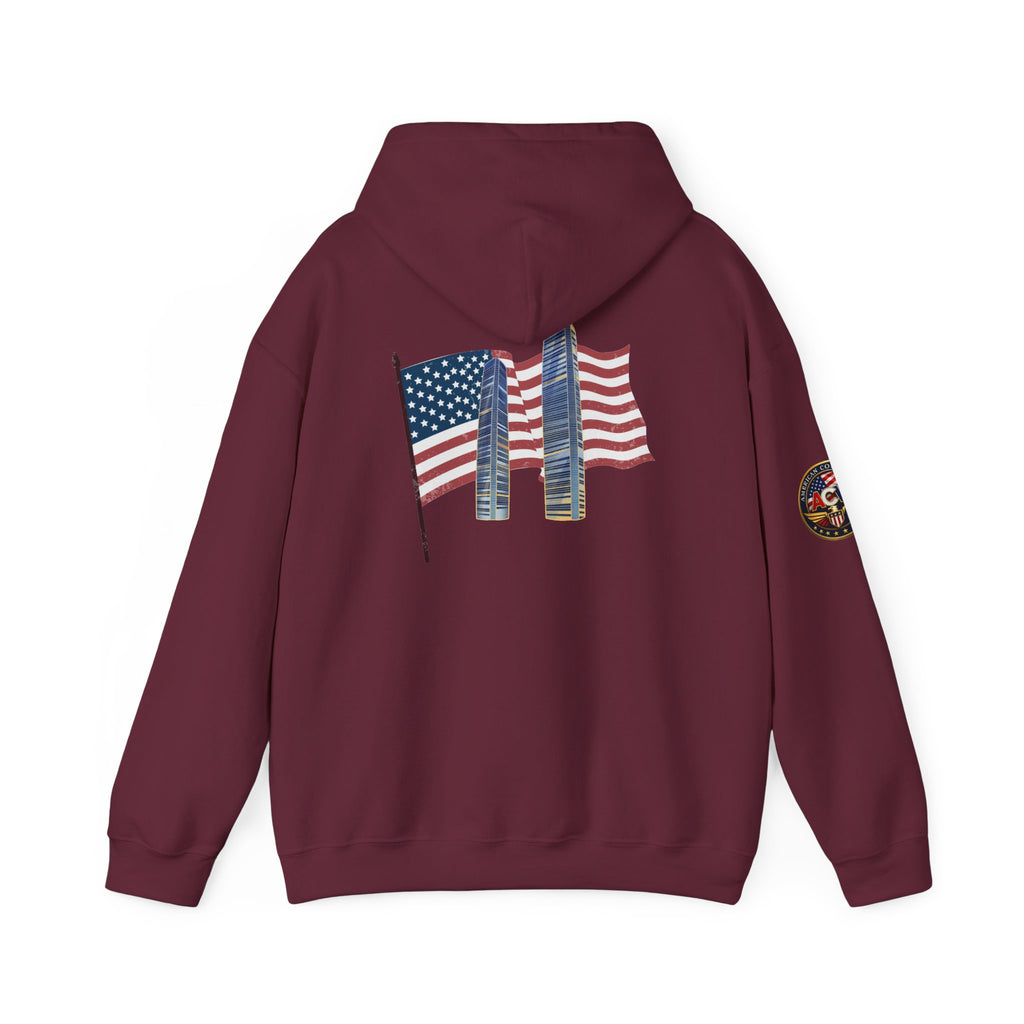 Remembrance Day 9/11 Hoodie — American Flag & Twin Towers Tribute