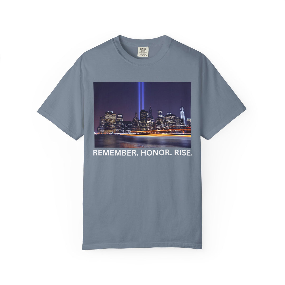 9/11 Tribute T-Shirt — "Remember. Honor. Rise." Skyline Tribute Tee