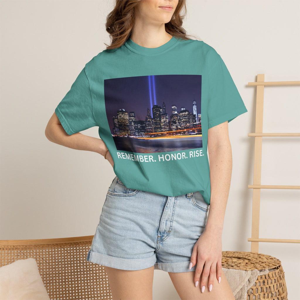 9/11 Tribute T-Shirt — "Remember. Honor. Rise." Skyline Tribute Tee