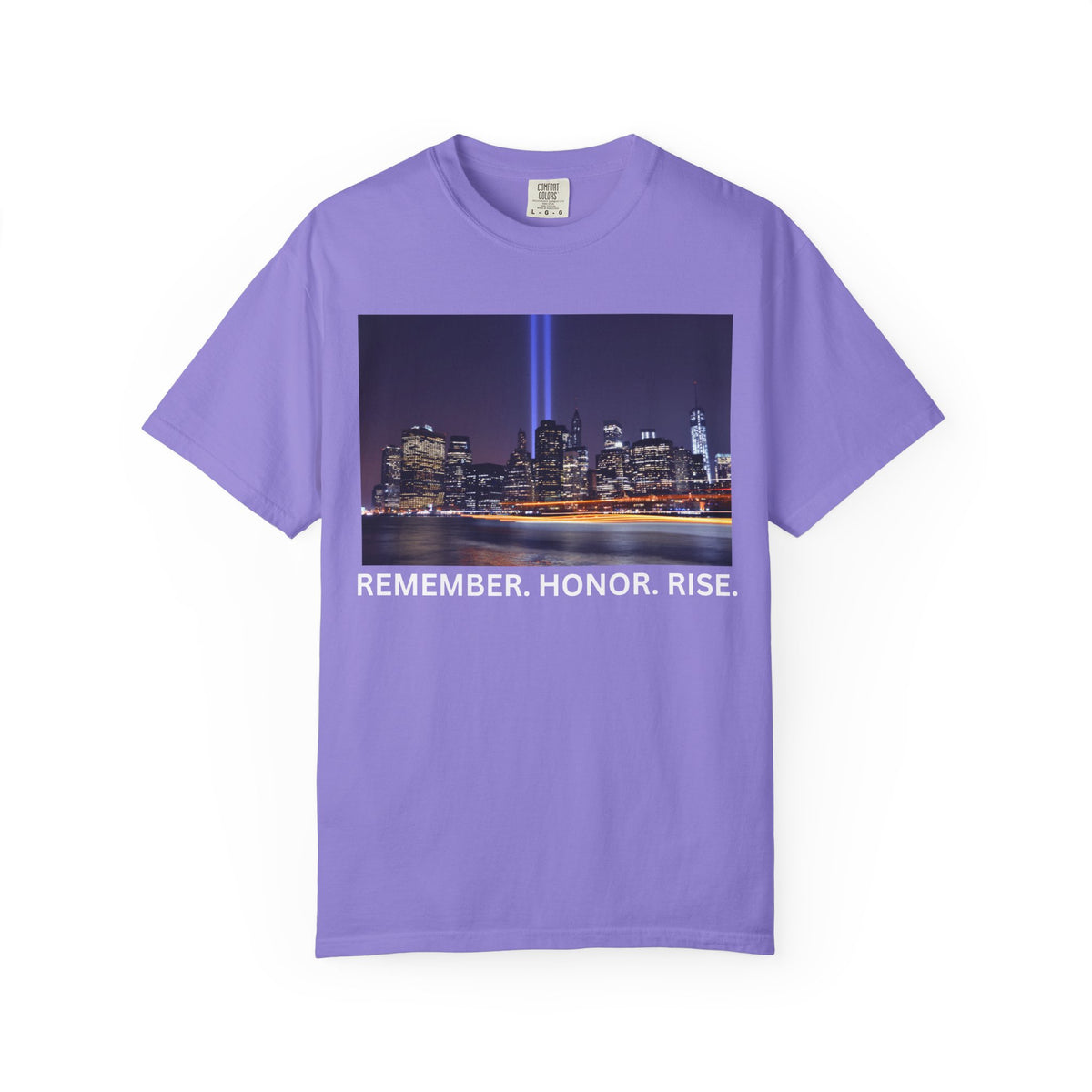 9/11 Tribute T-Shirt — "Remember. Honor. Rise." Skyline Tribute Tee