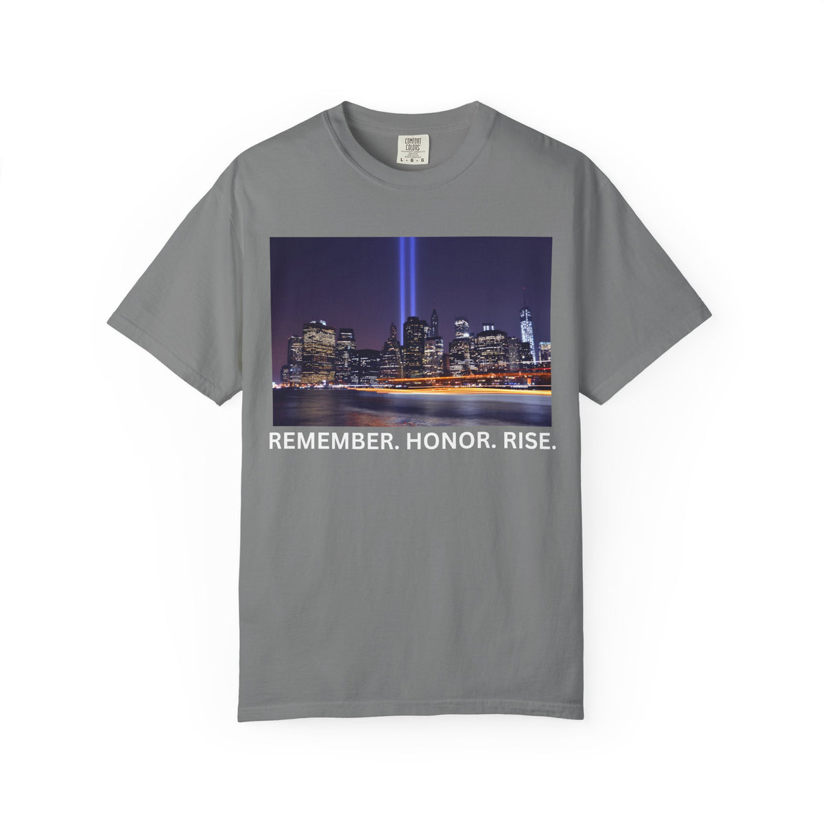 9/11 Tribute T-Shirt — "Remember. Honor. Rise." Skyline Tribute Tee