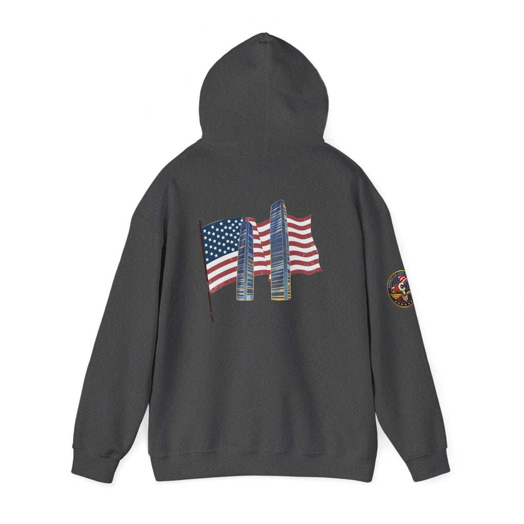 Remembrance Day 9/11 Hoodie — American Flag & Twin Towers Tribute