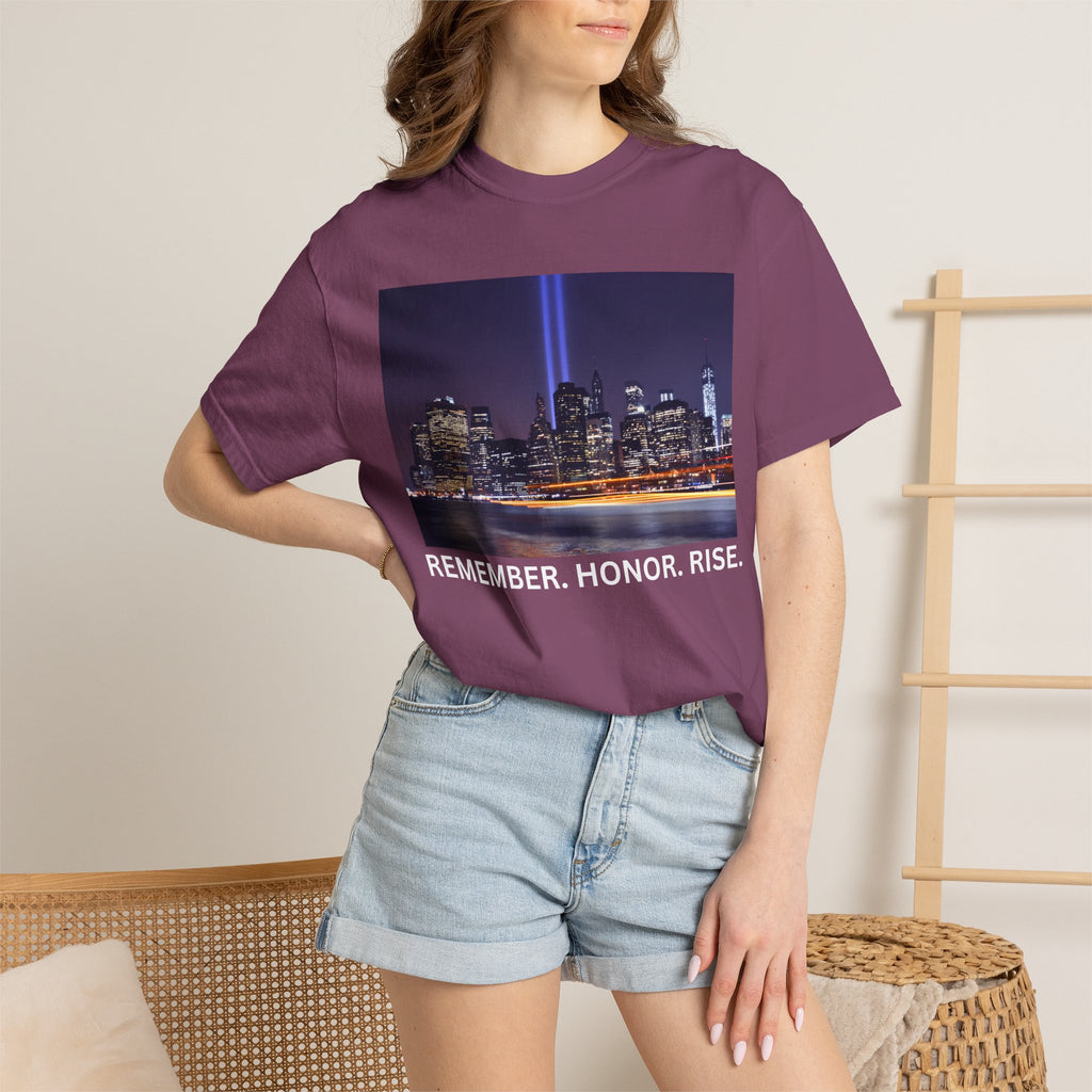 9/11 Tribute T-Shirt — "Remember. Honor. Rise." Skyline Tribute Tee