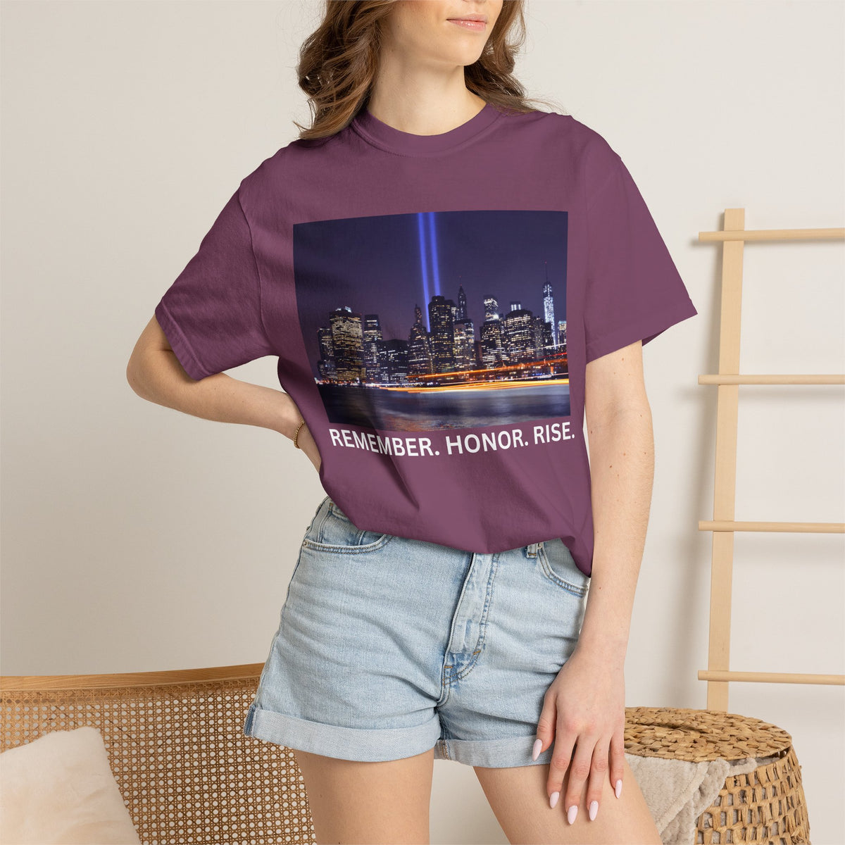 9/11 Tribute T-Shirt — "Remember. Honor. Rise." Skyline Tribute Tee