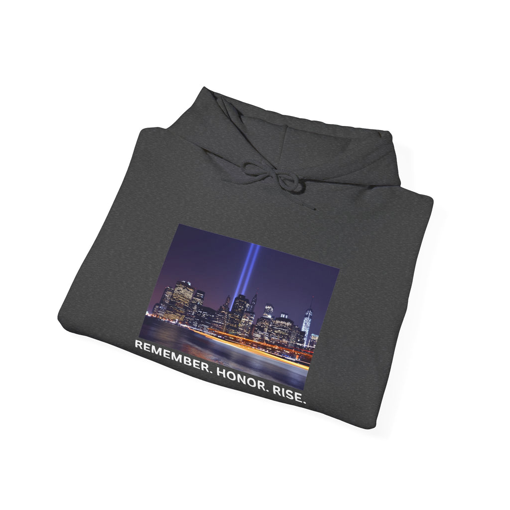 9/11 Tribute Hoodie - "Remember. Honor. Rise." NYC Skyline Memorial Sweatshirt