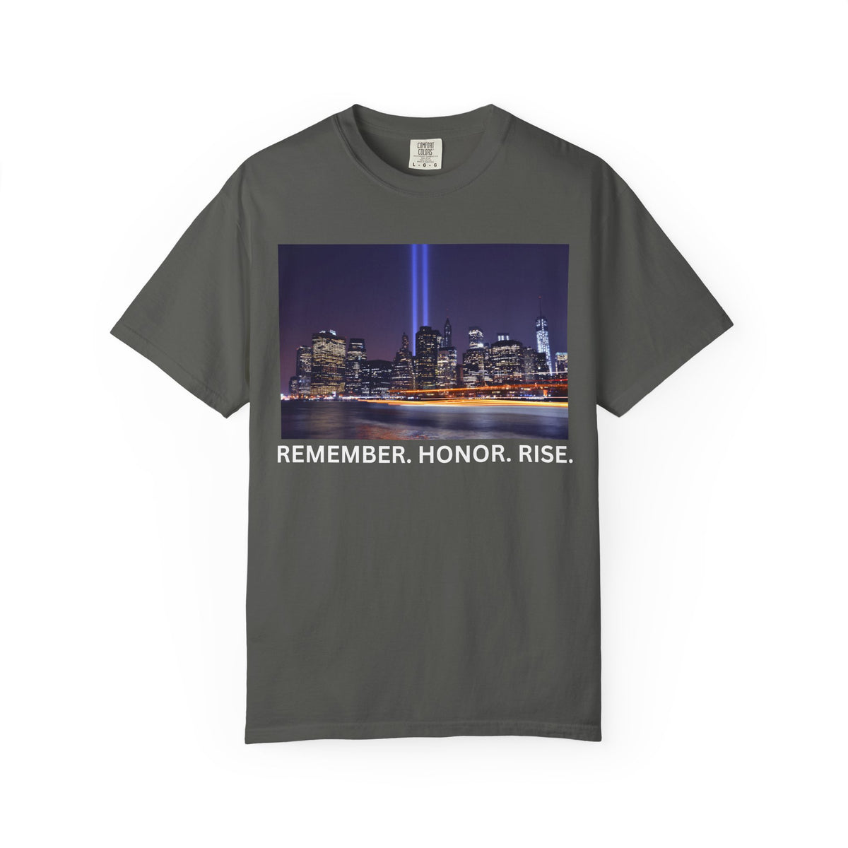 9/11 Tribute T-Shirt — "Remember. Honor. Rise." Skyline Tribute Tee