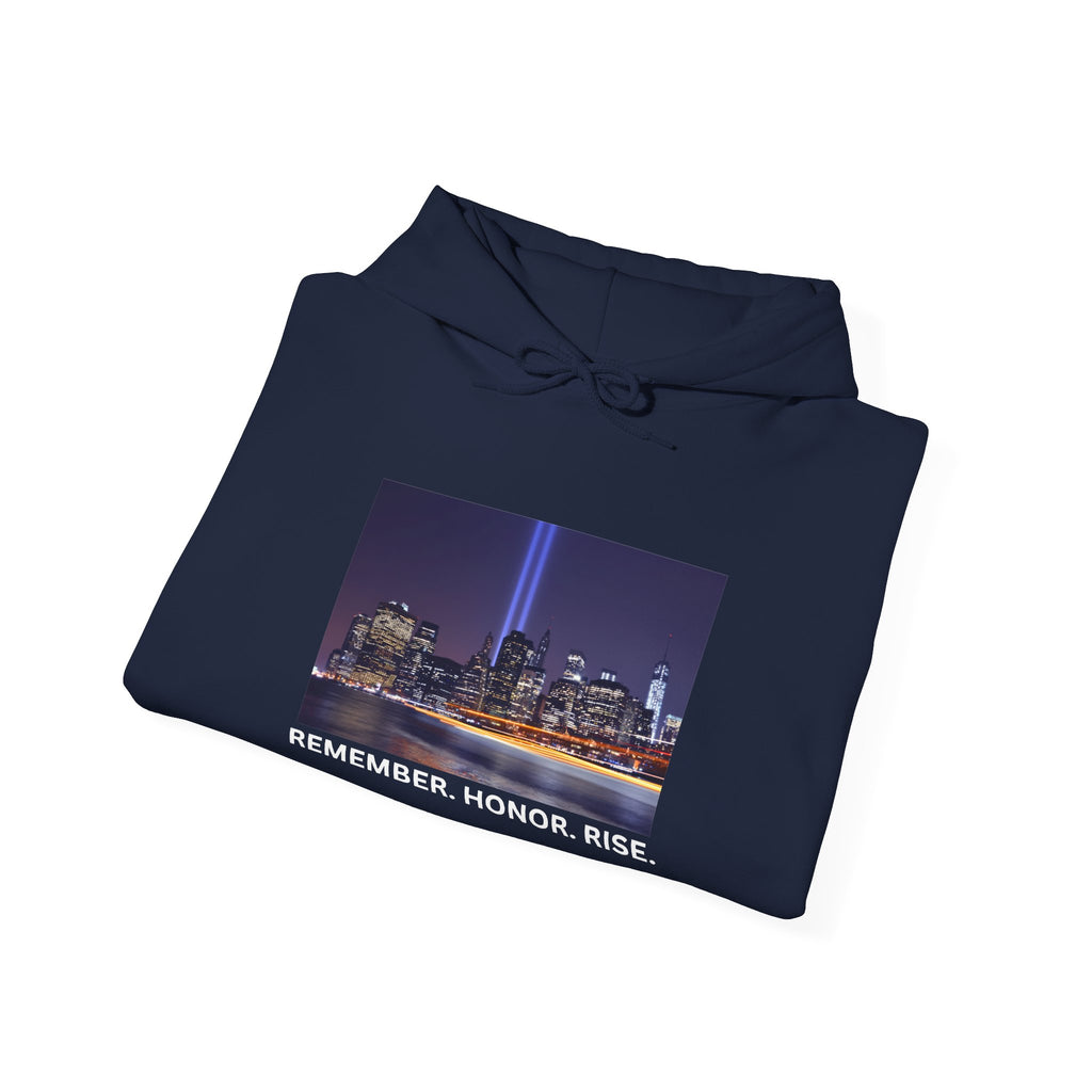 9/11 Tribute Hoodie - "Remember. Honor. Rise." NYC Skyline Memorial Sweatshirt