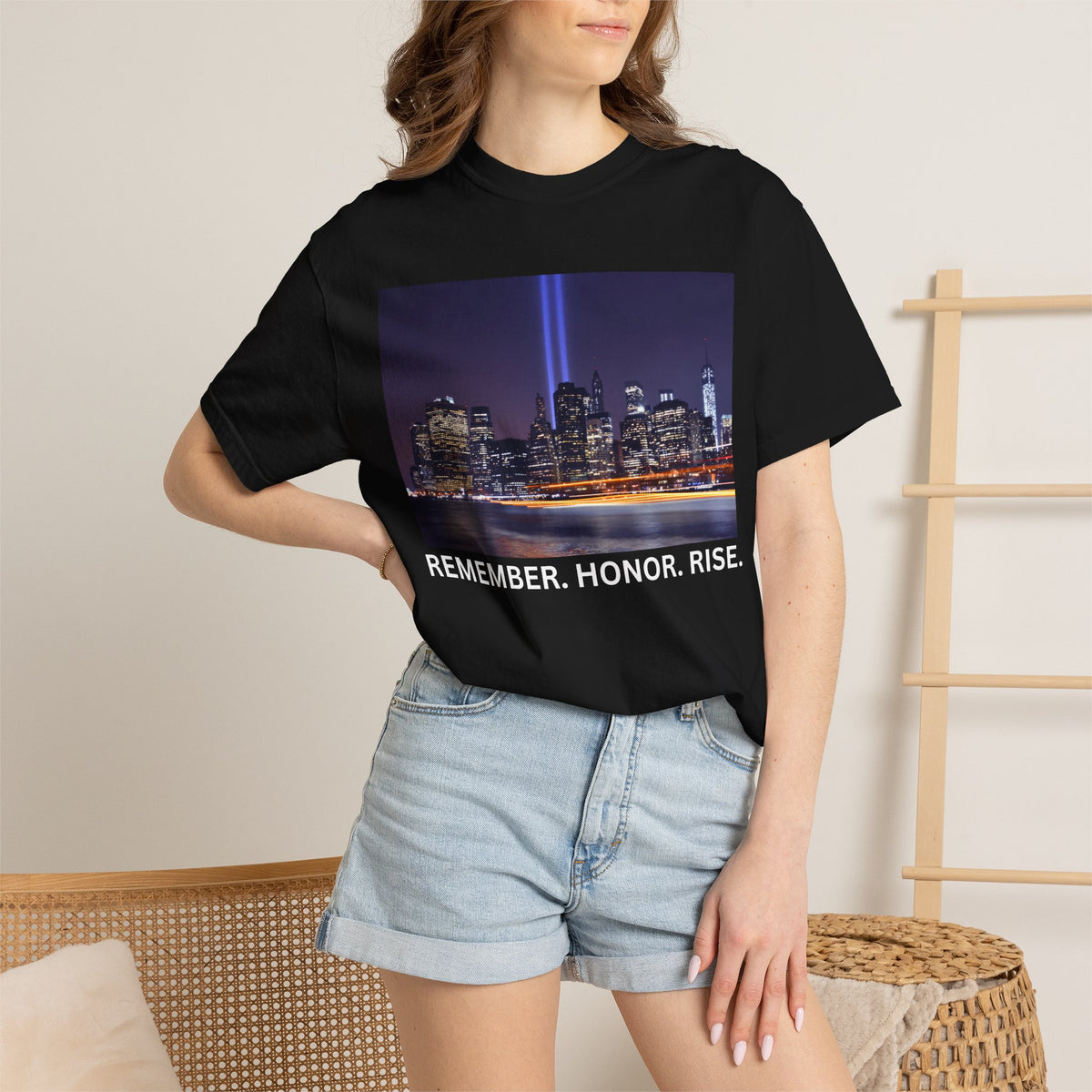 9/11 Tribute T-Shirt — "Remember. Honor. Rise." Skyline Tribute Tee