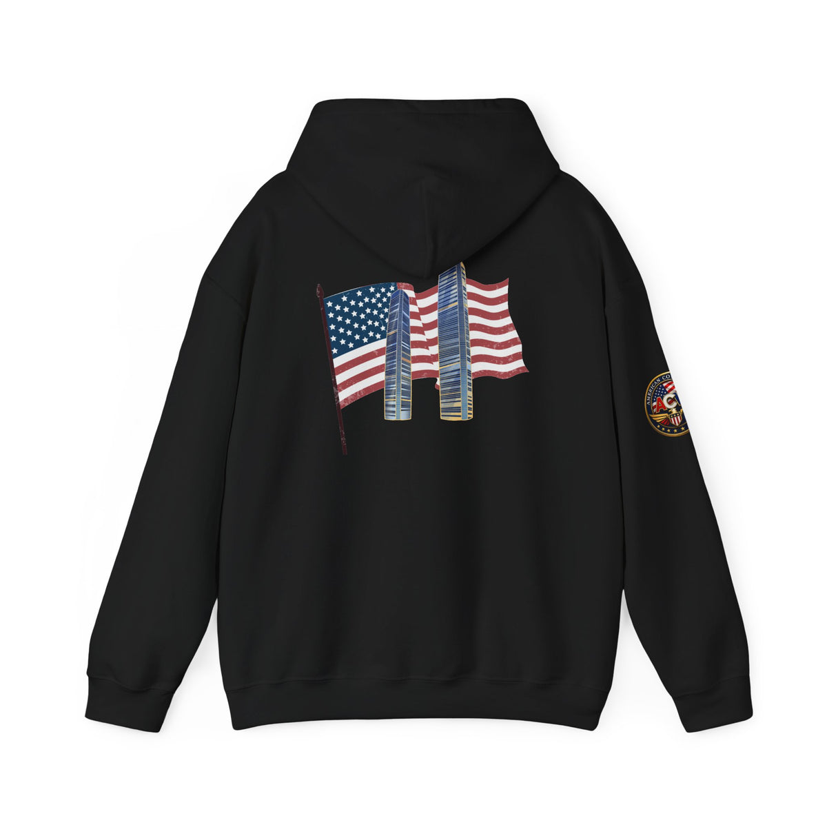 Remembrance Day 9/11 Hoodie — American Flag & Twin Towers Tribute