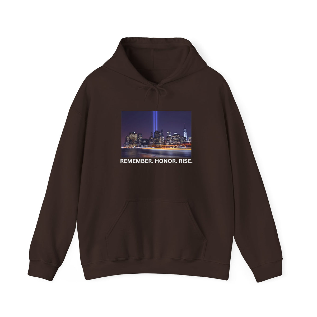 9/11 Tribute Hoodie - "Remember. Honor. Rise." NYC Skyline Memorial Sweatshirt