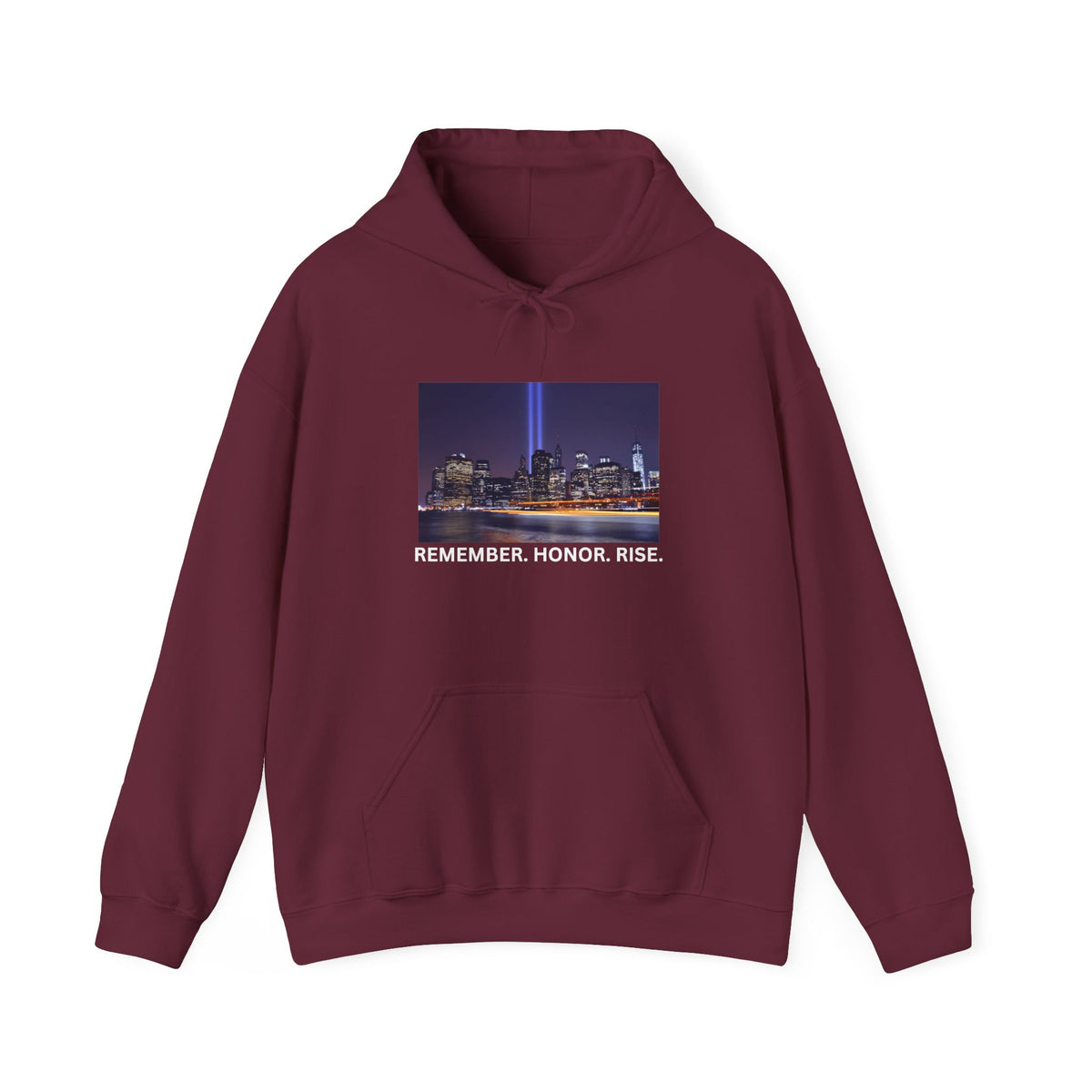 9/11 Tribute Hoodie - "Remember. Honor. Rise." NYC Skyline Memorial Sweatshirt