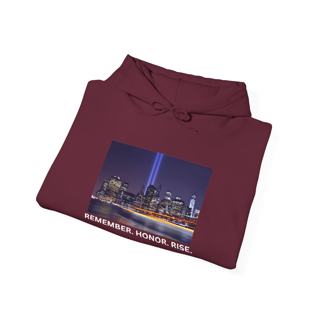 9/11 Tribute Hoodie - "Remember. Honor. Rise." NYC Skyline Memorial Sweatshirt