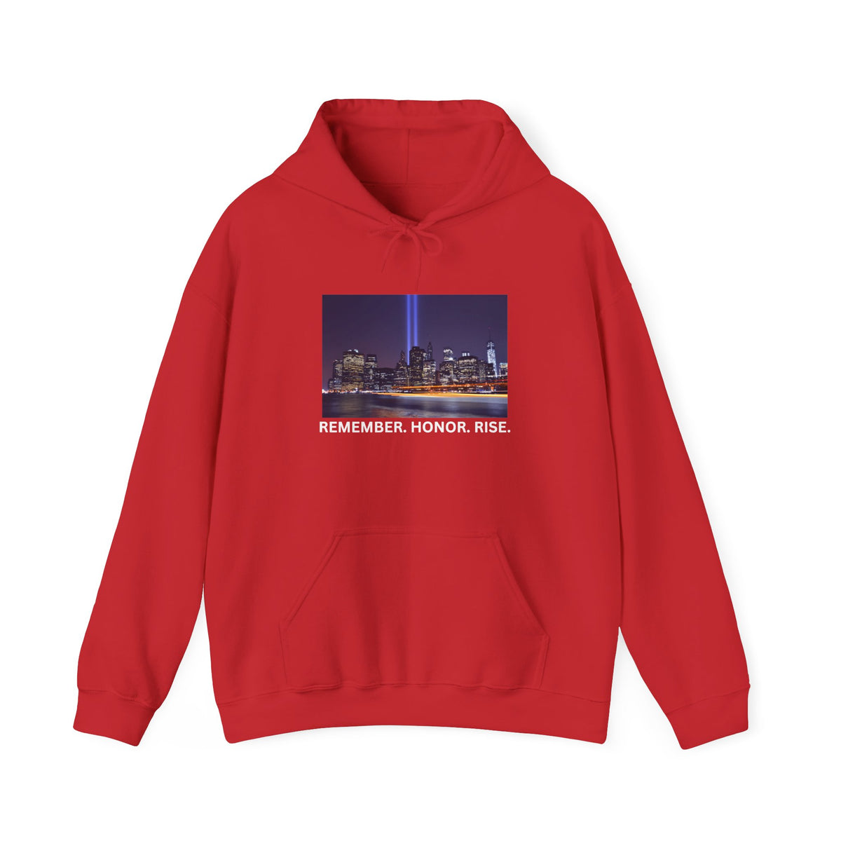 9/11 Tribute Hoodie - "Remember. Honor. Rise." NYC Skyline Memorial Sweatshirt